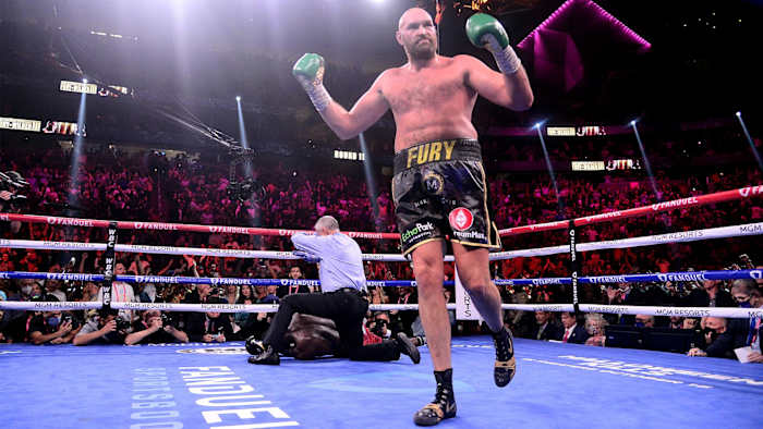 Tyson Fury celebrates after a knockout